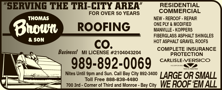 Vintage Thomas Brown and Son Roofing Co. signage with service list and phone numbers