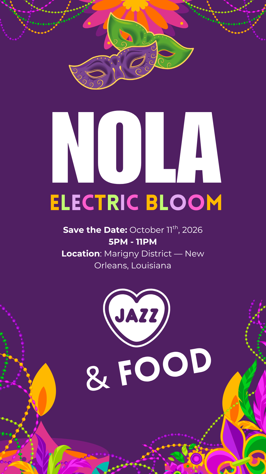 NOLA Electric Bloom jazz and food event poster for October 11, 2026 in New Orleans